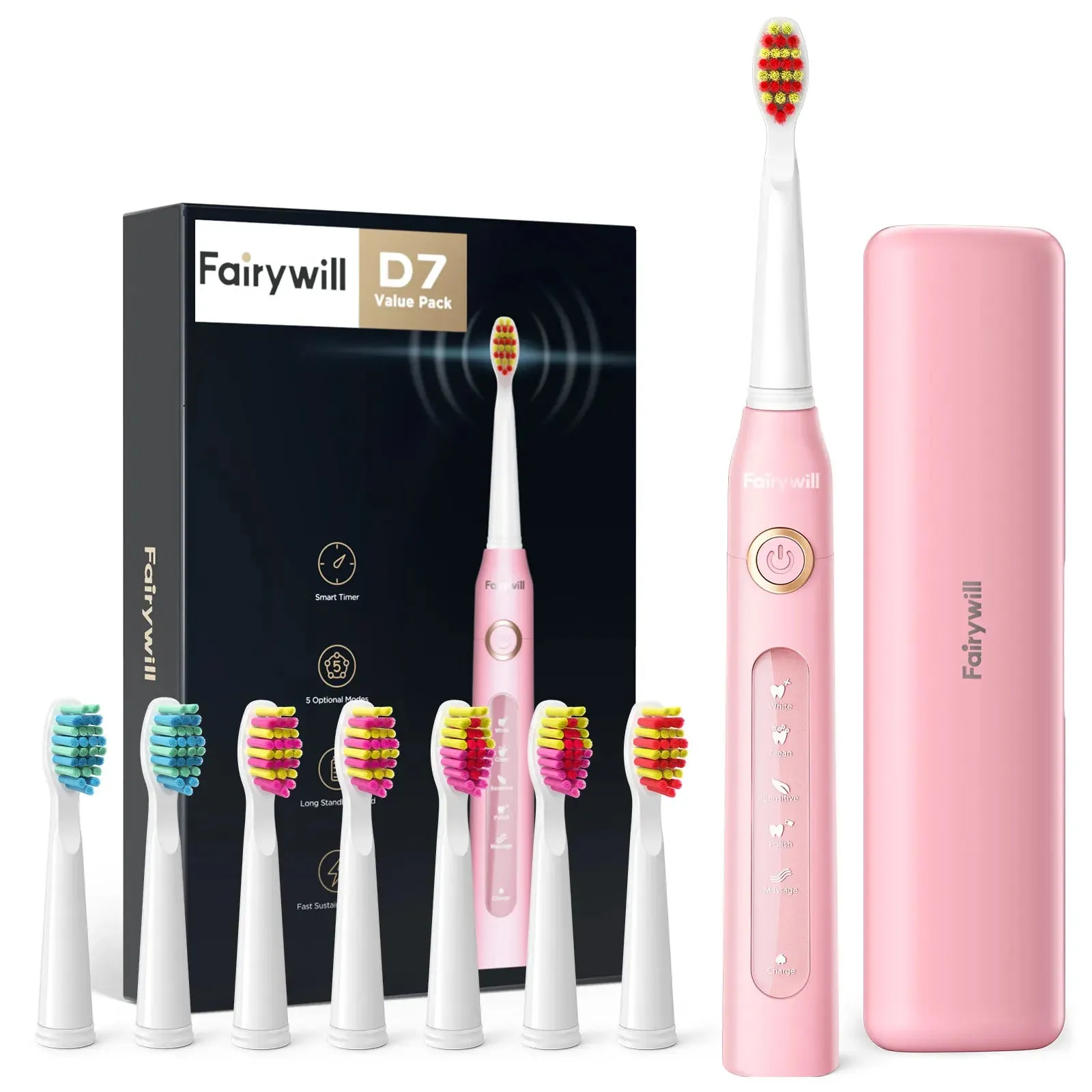 Fairywill FW-507 Sonic Electric Toothbrush 5 Modes USB Charger Tooth Brushes Replacement Timer Sonic Toothbrush 8 Brush Heads