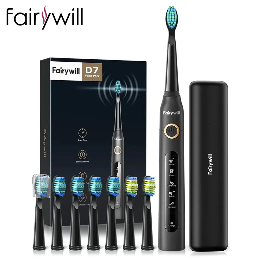 Fairywill FW-507 Sonic Electric Toothbrush 5 Modes USB Charger Tooth Brushes Replacement Timer Sonic Toothbrush 8 Brush Heads