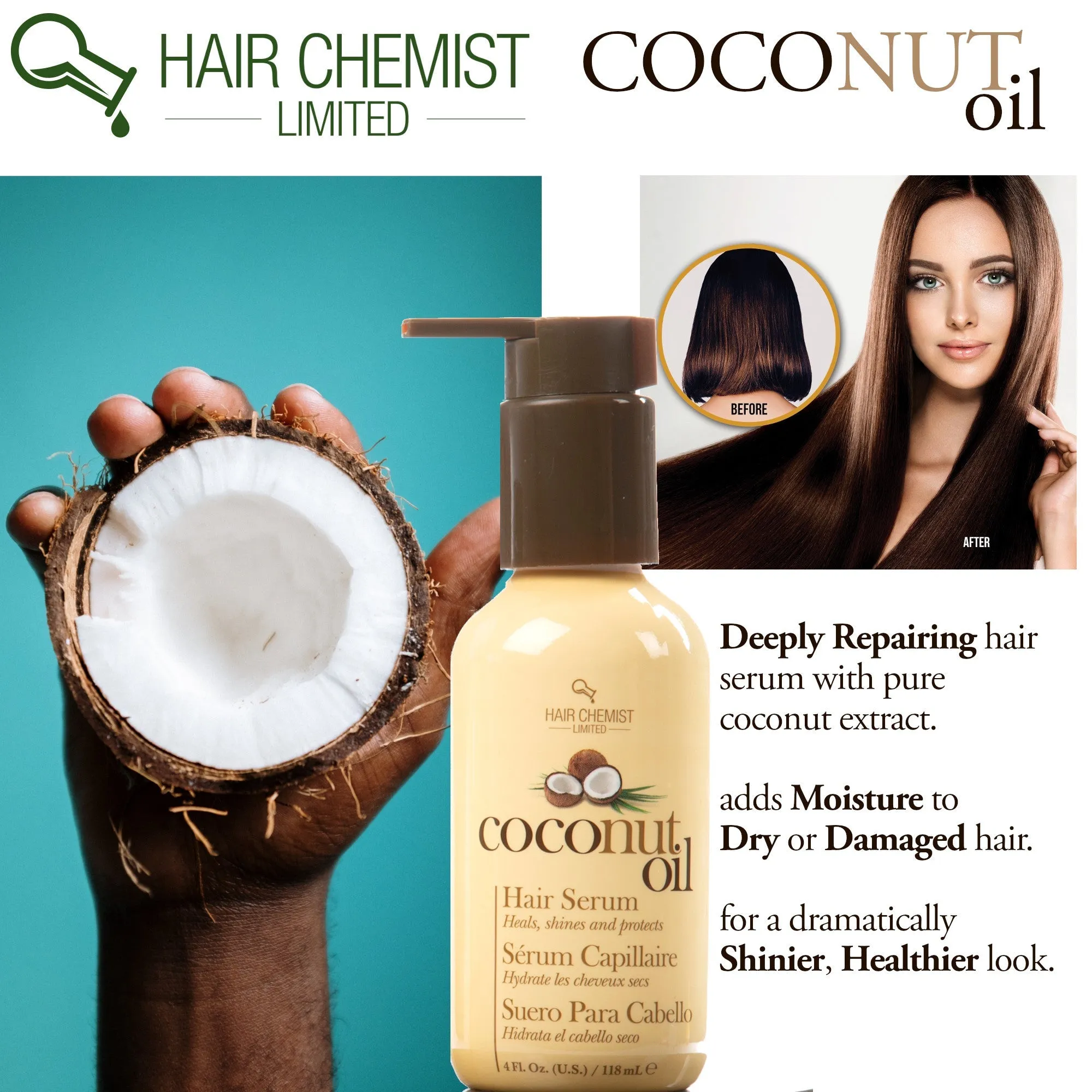Hair Chemist Coconut Oil Shampoo, Conditioner & Hair Serum 3-PC Set
