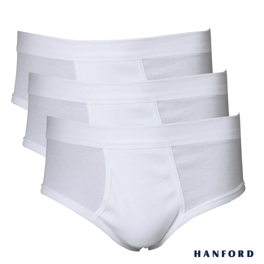Hanford Men Premium Ribbed Cotton Comforter Briefs w/ Fly Opening w/ Lycra Waistband - White (3in1 Pack)
