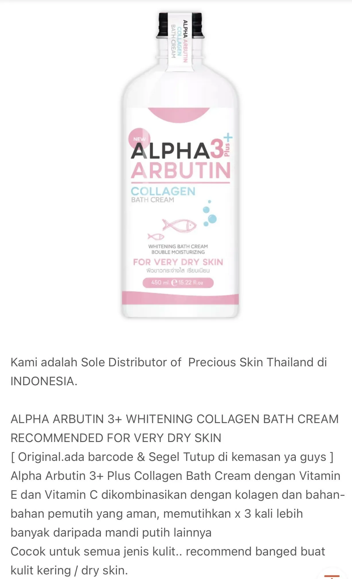 Precious Skin Thailand Alpha Arbutin 3 Plus Whitening Collagen Bath Cream Sabun Cair 350ml