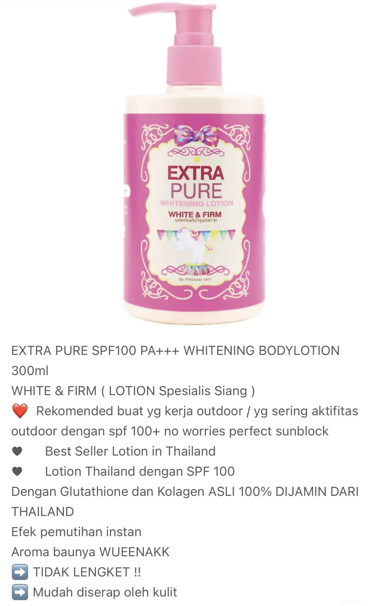 Thailand Extra Pure SPF100 PA   Whitening Handbody / Lotion / Pemutih Badan 300ml