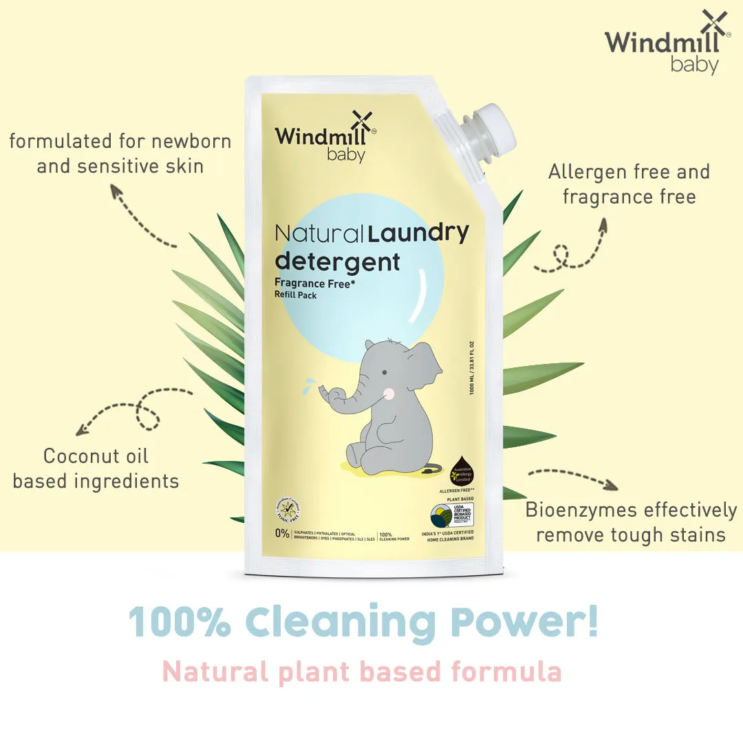 Windmill Baby Natural Fragrance Free Laundry Detergent Liquid Refill Pack, USDA Certified, Allergen Free, Plant Based With Bio-Enzymes - 1000 ml